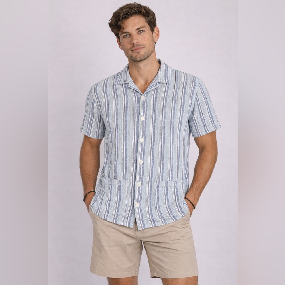 Marine Layer Light Blue and White Striped Short-Sleeve Button-Up 100% cotton NWT